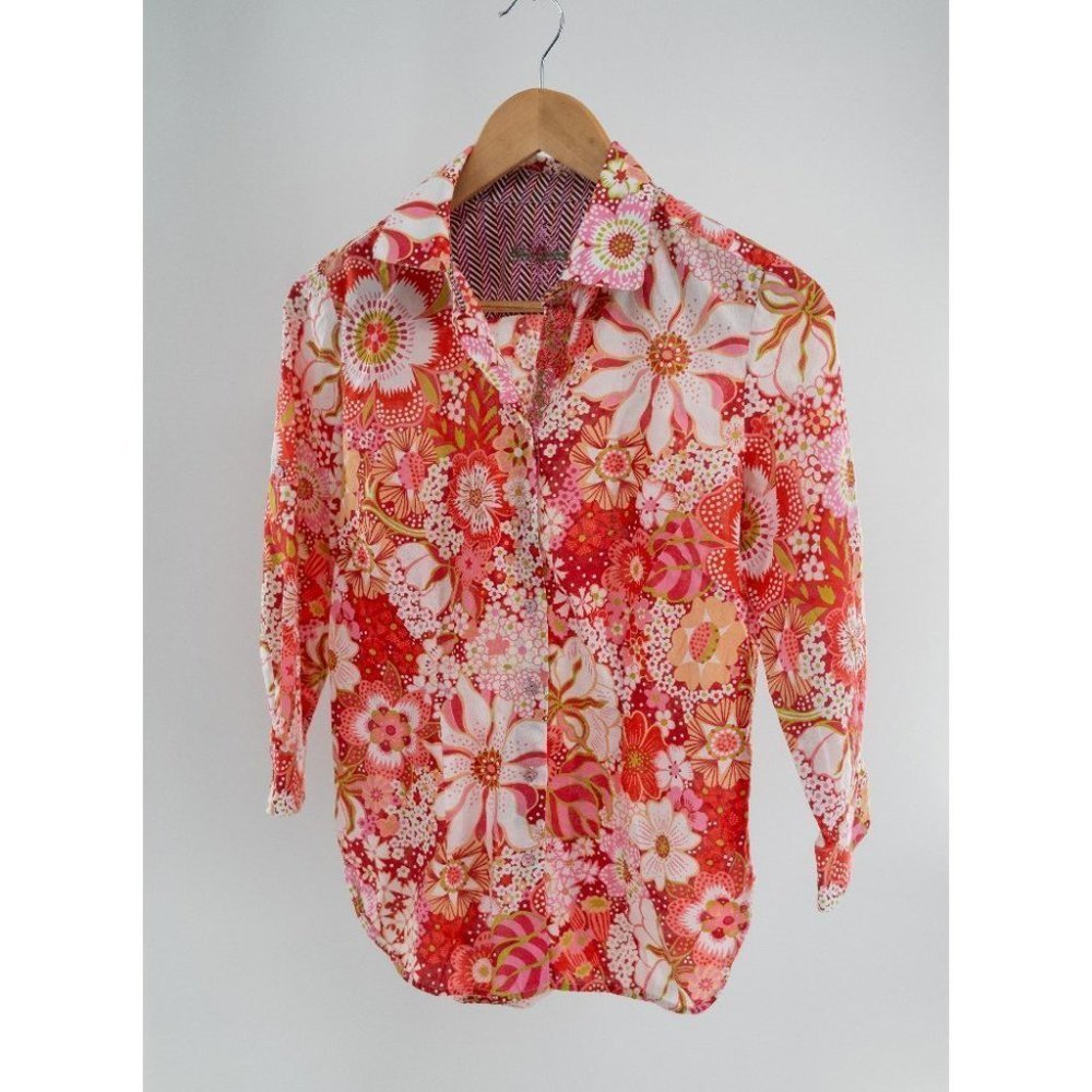 Robert Graham bold  print blouse with Pink, red & green flowers embroidery | S
